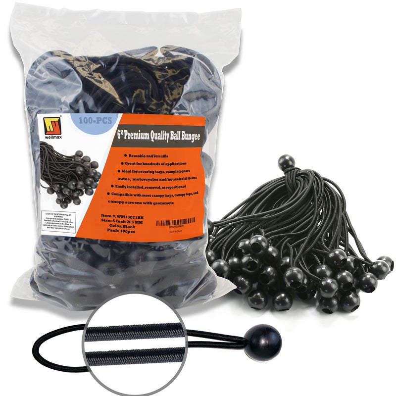 Wellmax 100-Pack 6 Inch Ball Bungee Cords by Wellmax - Heavy Duty, Versatile, and Built to Last - Ideal for Camping, Tarp Tie-Downs, Canopies, Hoses, Cords, and Wires - 5mm Thickness - Black Color - Image 1